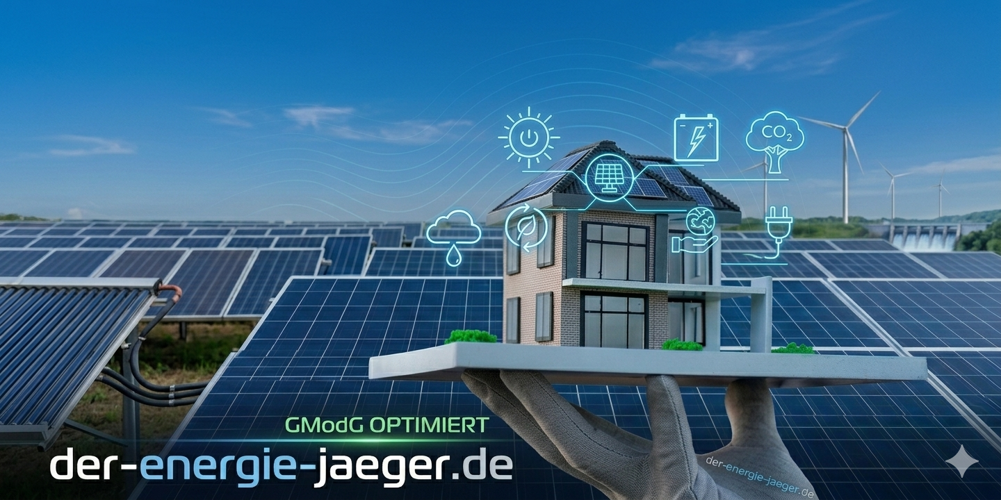Modellhaus mit Symbolen für erneuerbare Energien vor einer Solaranlage zum Gebäudemodernisierungsgesetz für Hausbesitzer.